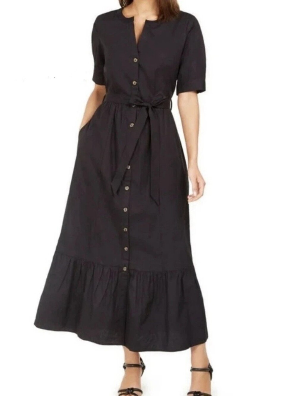 Calvin Klein Black Button-Front Tie-Waist Maxi Dress Size 8 (M)